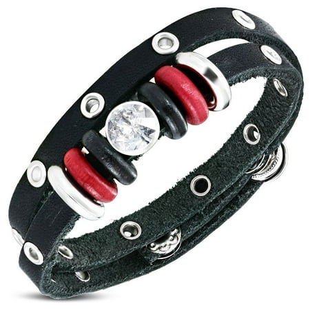 Double Wrap Around Bracelet - Fashion Double Wrap Rope Bali Bead Black Leather Snap Boho Bohemian Bracelet with Clear CZ