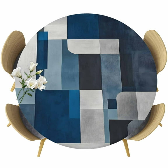 Navy Blue Grey Round Tablecloth 55-60 Inch Round Fitted Table Cloth with Elastic Edge, Modern Abstract Geometric Vintage Waterproof Table Cover Protector for Outdoor Picnic Party Dining