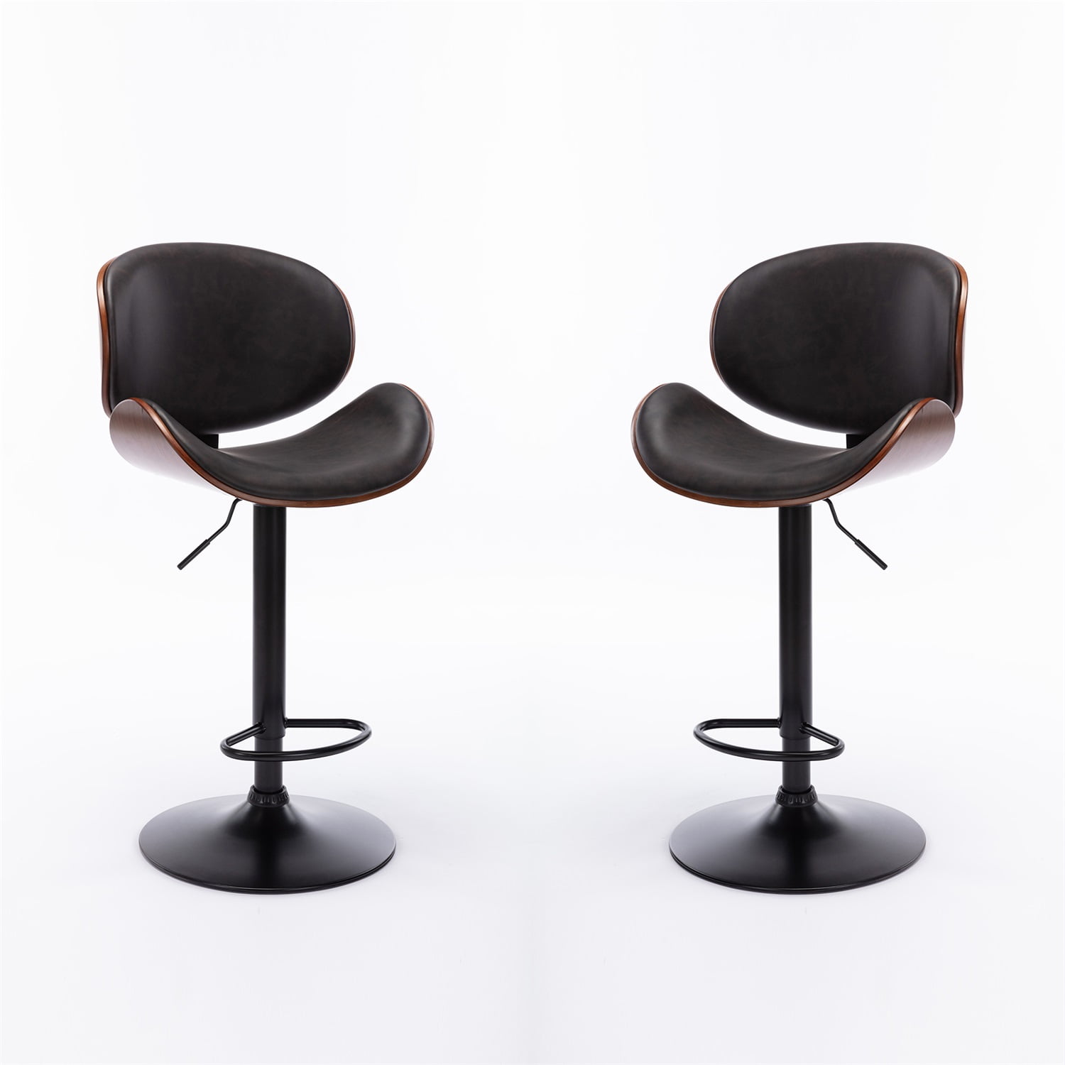 Canddidliike Mid Century Modern Bar Stool, PU Faux Leather, Adjustable Height & Swivel Barstools - Black & Walnut Canddidliike Mid Century Modern Bar Stool, PU Faux Leather, Adjustable Height & Swivel Barstools - Black & Walnut