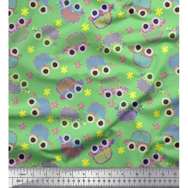 Soimoi Polyester Crepe Fabric Floral & Car Cartoon Print Fabric by The Yard 42 Inch Wide