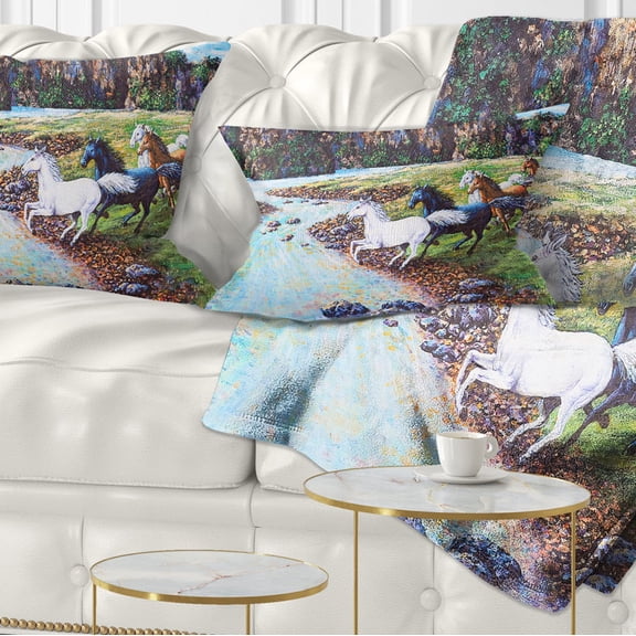 Designart Horses Crossing the Stream - Landscape Painting Throw Pillow - 12x20