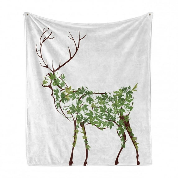 Antlers Soft Flannel Fleece Blanket, Designer Deer Illustration Elk Leave Greenery Garden Traditional Celebration, Cozy Plush for Indoor and Outdoor Use, 70" x 90", Green Brown White, by Ambesonne