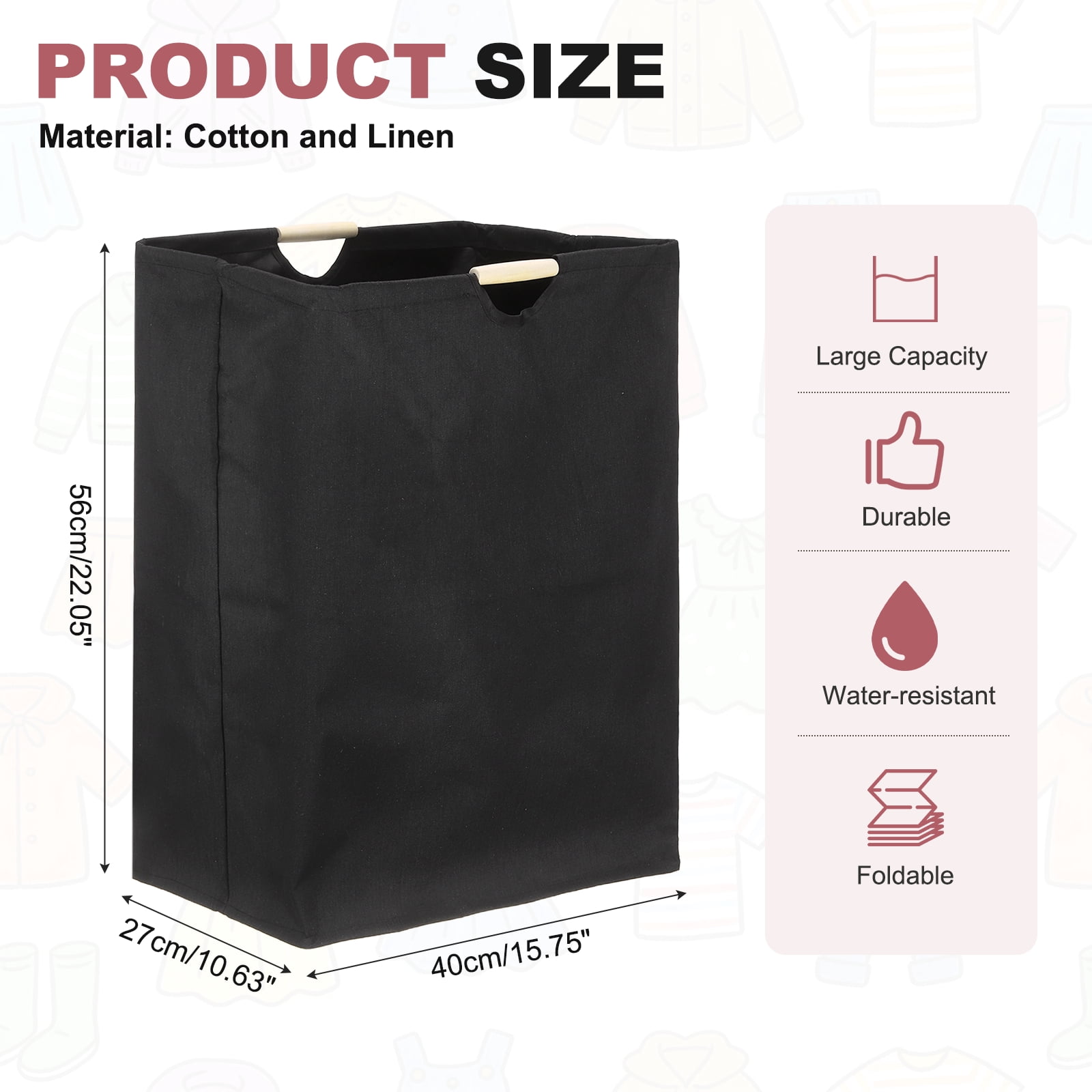 Uxcell 15.7 x 10.6 x 22" Large Laundry Basket, Foldable Laundry Hamper with Wooden Handles Freestanding Storage Basket for Comforter Clothing Blanket Pillows, Tall Fruit Color