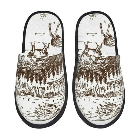 Balery Woodland Forest With Deers Slient Indoor Furry Fleece Comfort House Shoes Soft Non-Slip Home Shoes Cotton slippers House Slippers-- Medium
