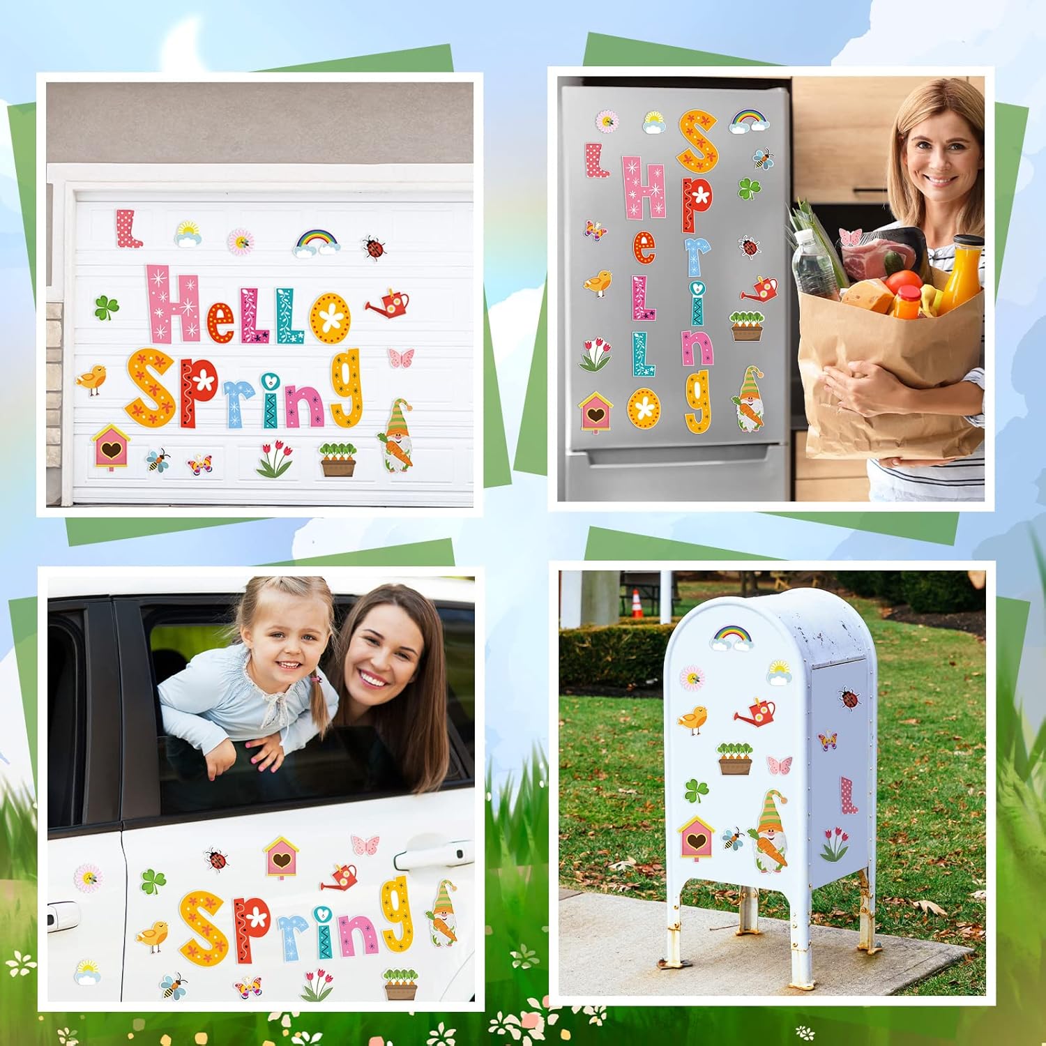 26 Pieces Spring Garage Door Decorations Magnets Hello Spring Garage Magnetic Stickers Flowers Birds Refrigerator Car Decals Spring Season Decor Holiday Magnets for Spring Car Garage Decor
