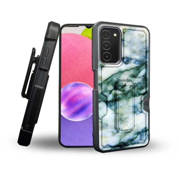 ANJ  Rugged Shockproof Holster Case Card Slot Kickstand   Tempered Glass Cover for Samsung Galaxy A03s - Green Marbling 2