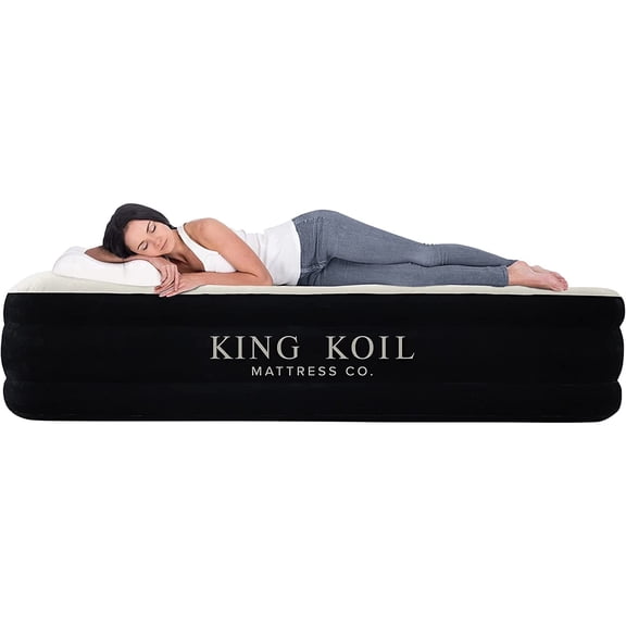 King Koil Luxury Pillow Top Plush Queen Air Mattress with High-Speed Built-in Pump, Blow Up Bed Top Side Flocking, Puncture Resistant, 16" Double High Inflatable Airbed Guests & Travel 1 Yr Warranty
