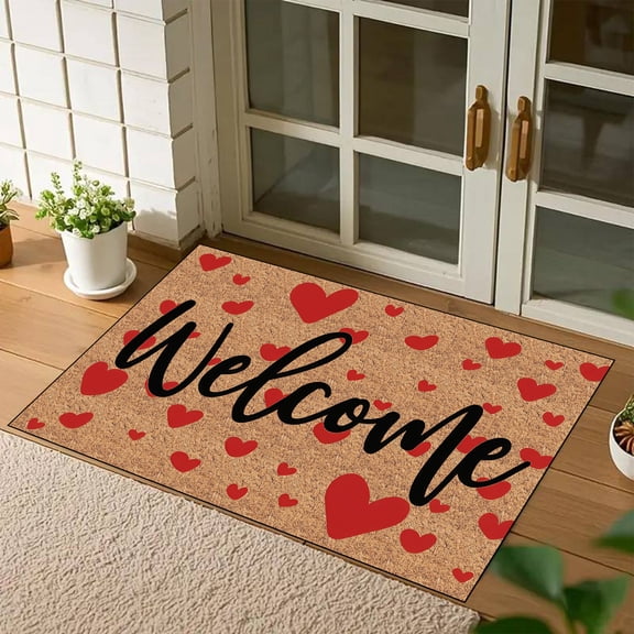 Valentines Day Doormat, Welcome Heart Rug, Indoor Outdoor Entrance Mat For Front Porch Decor, Polyester Non-Slip Welcome Mat With Heart Design