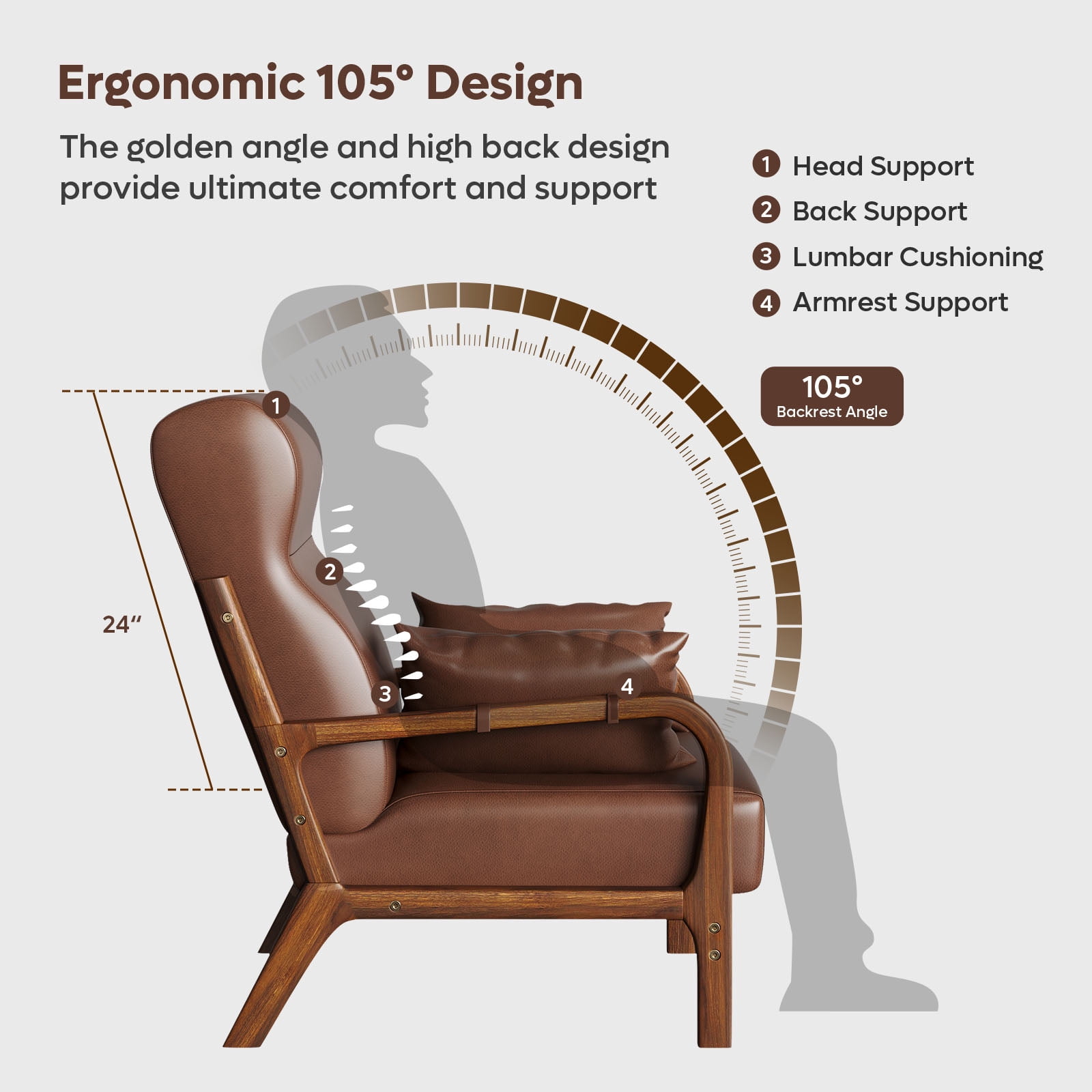 Bestier Mid-Century Modern Accent Chair with Solid Wood Frame & Pillows, 37" Upholstered Reading Lounge Chair for Living Room, Bedroom, Brown PU Leather