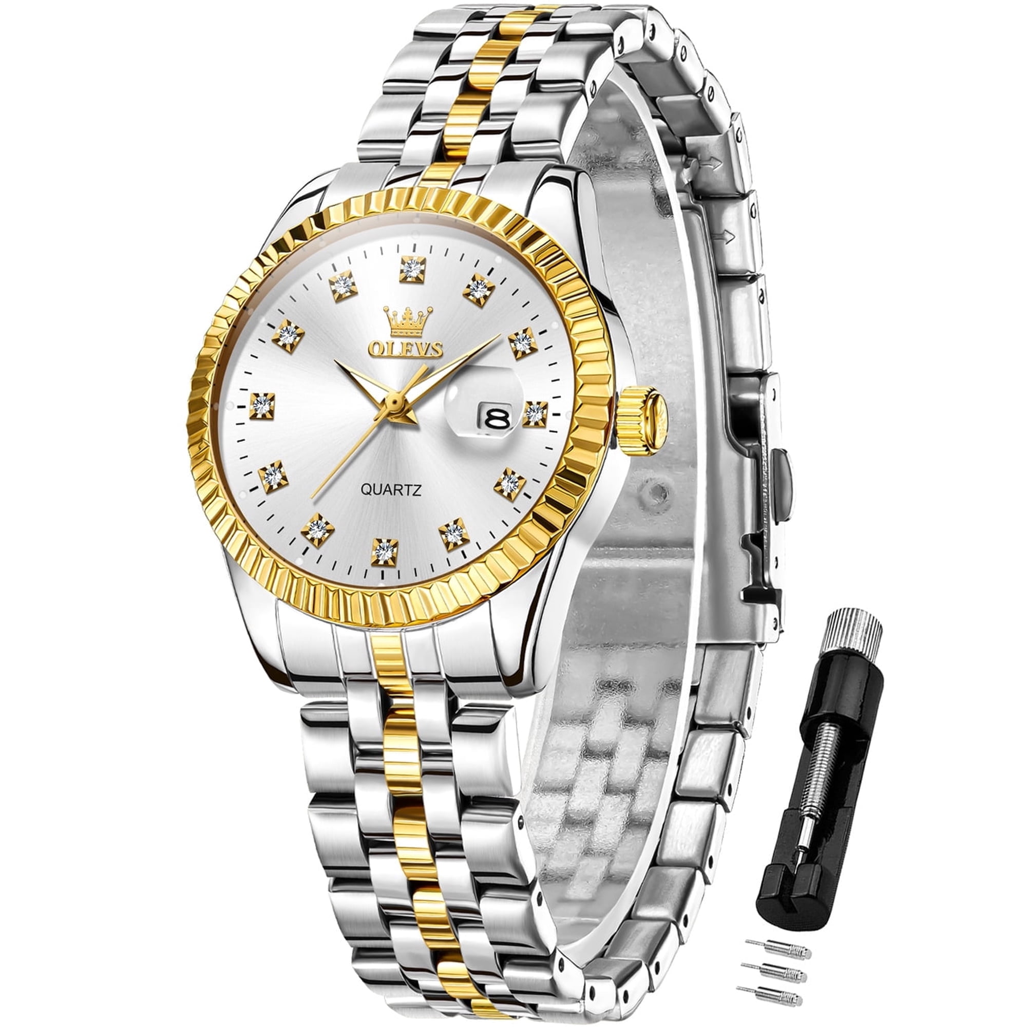 OLEVS Watches for Women Diamond with Date Luxury Female Waterproof Women Wrist Watch Analog Dress Quartz Stainless Steel Ladies Watch Luminous Calendar Women Watch Reloj para Mujer