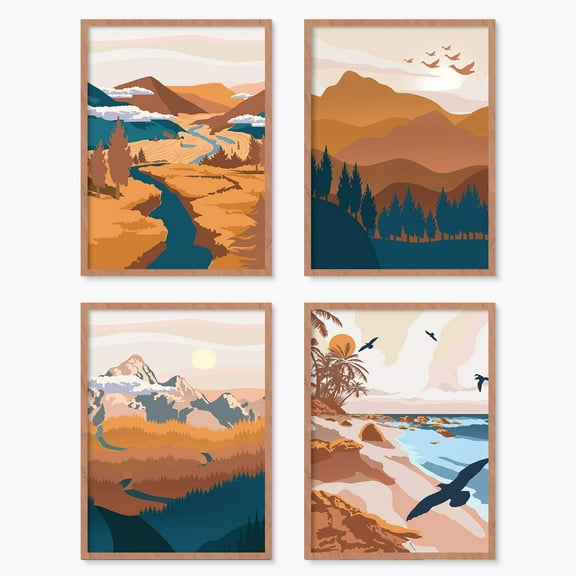 Boho Mountain Wall Decor - Umframed 8x10 Set of 4, Vintage Mid Century Modern Art for Bedroom, Minimalist Nature Wall Postes Prints for Living Room, Terracotta Aesthetic Bathroom Office Gifts