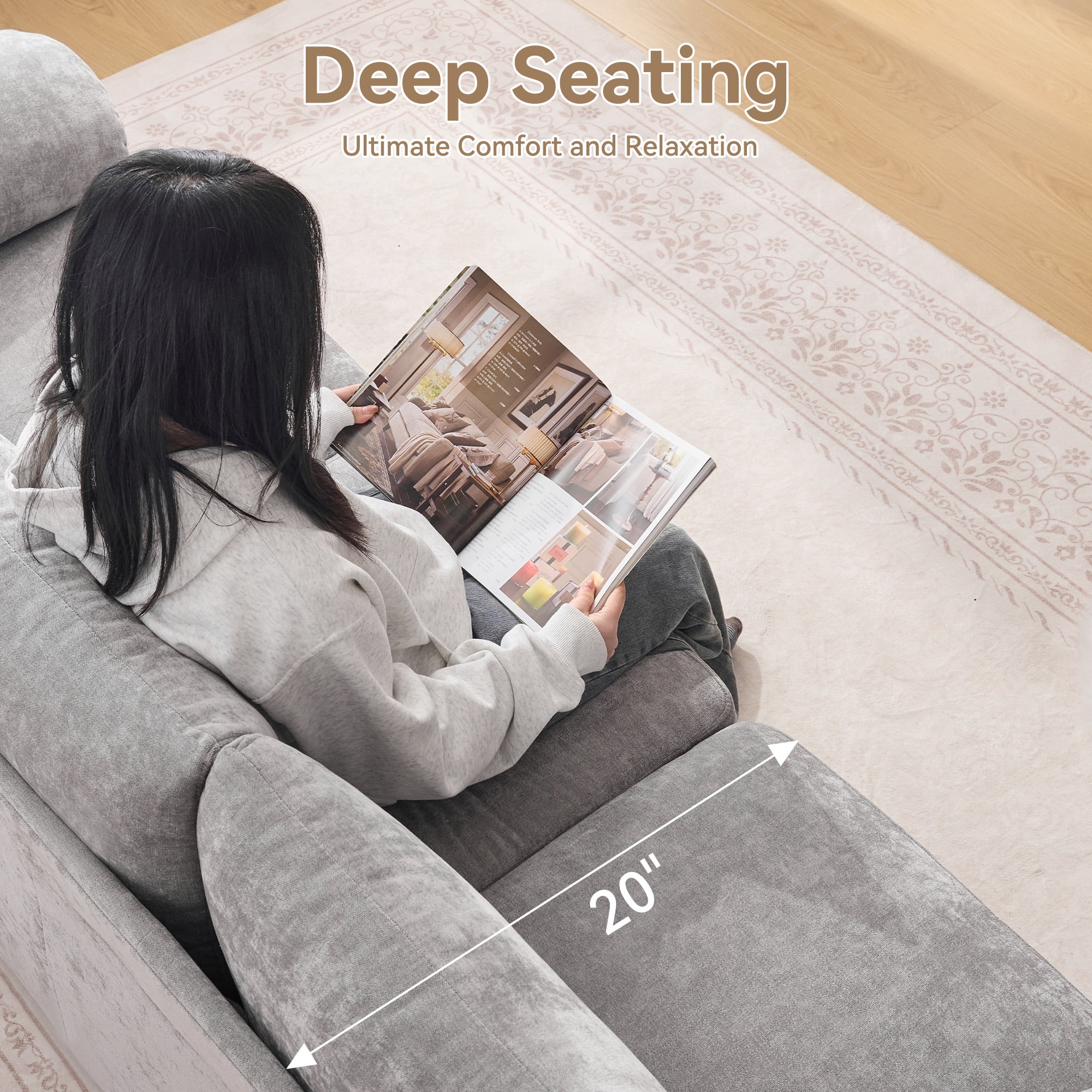 HASLE Oversized 3 Seat Living Room Sofa, 95" Soft Chenille Deep Seat Couch with Armrest, Hidden Support Legs, Stylish Sofa, Light Grey