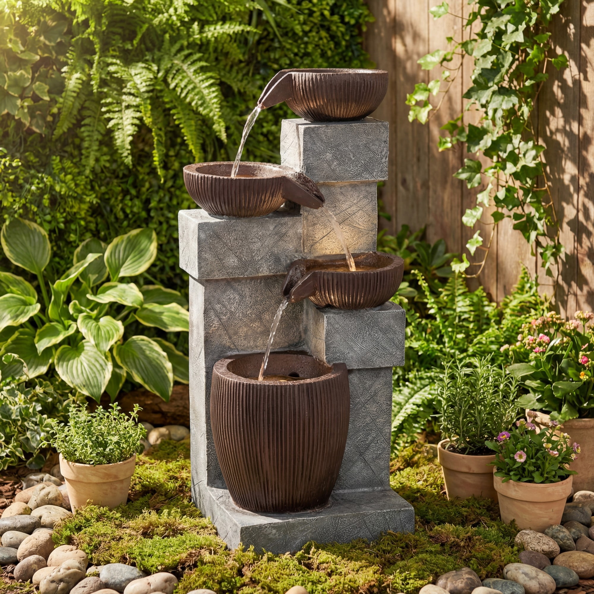 ELLEGNT 32" Outdoor Water Fountain with LED Lights – 4-Tier Cascading Fountain for Patio, Deck, Backyard, Balcony