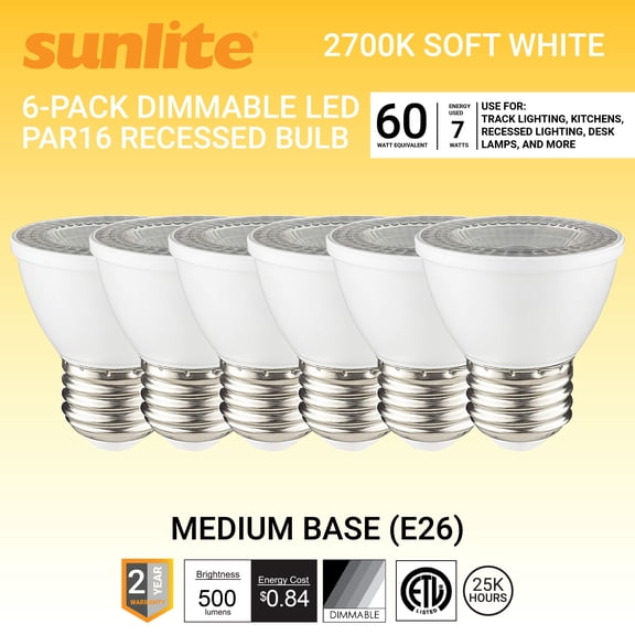 Sunlite LED PAR16 Short Neck Recessed Spotlight Bulb 7 Watts, (60W Halogen Replacement), Medium E26 Base, Dimmable, ETL Listed, 2700K Warm White, 6-Pack