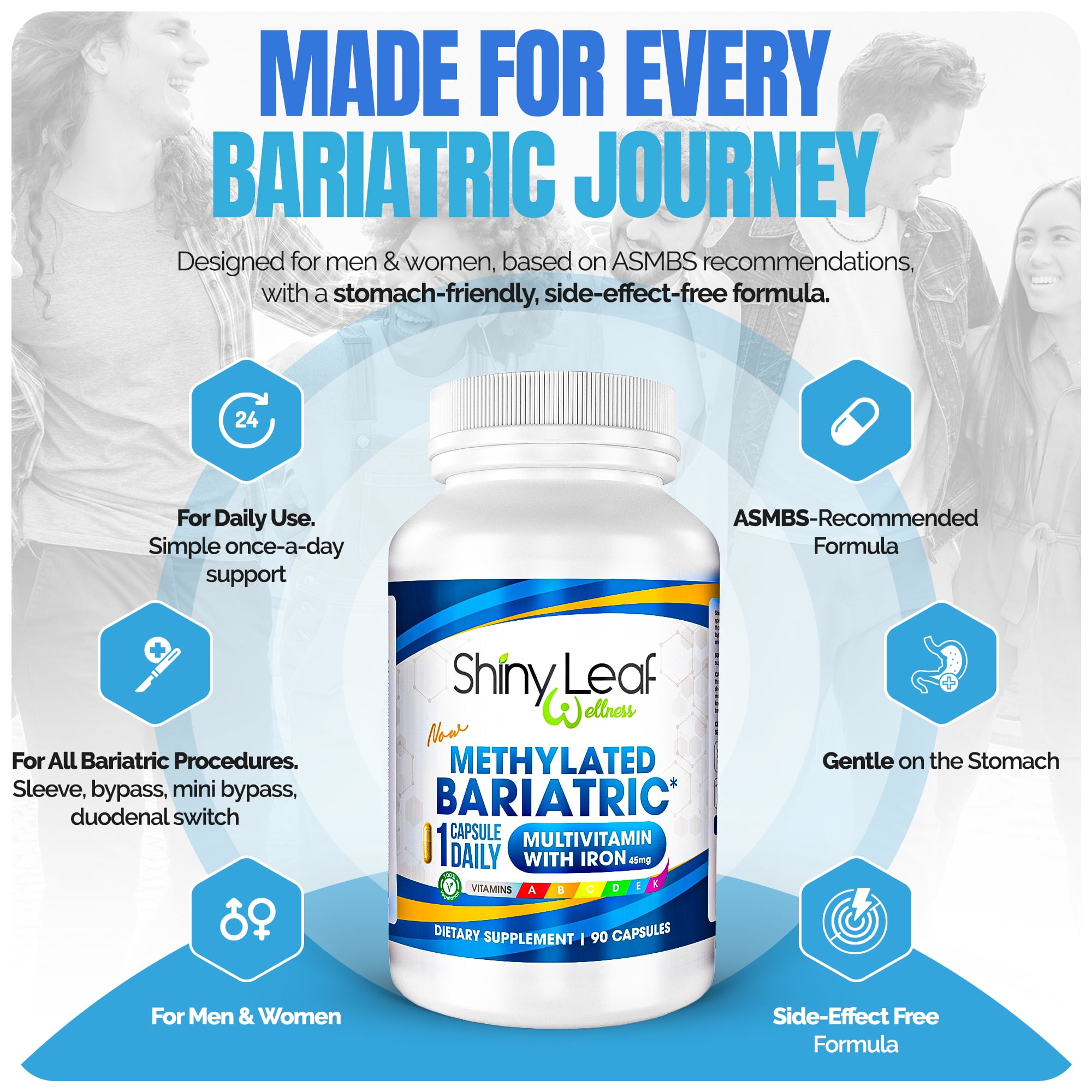 Shiny Leaf Methylated Bariatric Multivitamin with Iron - 45 mg for Gastric Bypass, Sleeve, Roux-en-Y, Duodenal Switch, Made In USA, 22 Vitamins & Minerals, ASMBS Compliant, Vegetarian, GMP, 90 Ct.
