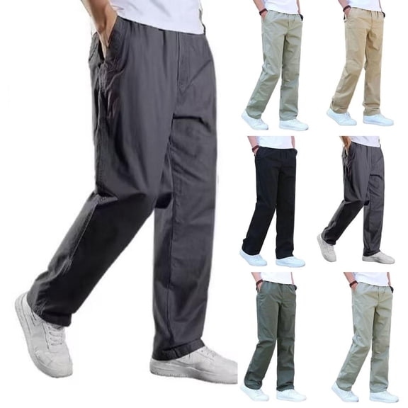 BXSRUTA Men's Elastic Waist Pants With Pockets Comfort Fit Casual Full Length Solid Color Trousers