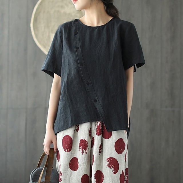 Blusa vintage de verano para mujer Camiseta asimétrica de manga corta con cuello redondo Eccomum Negro M