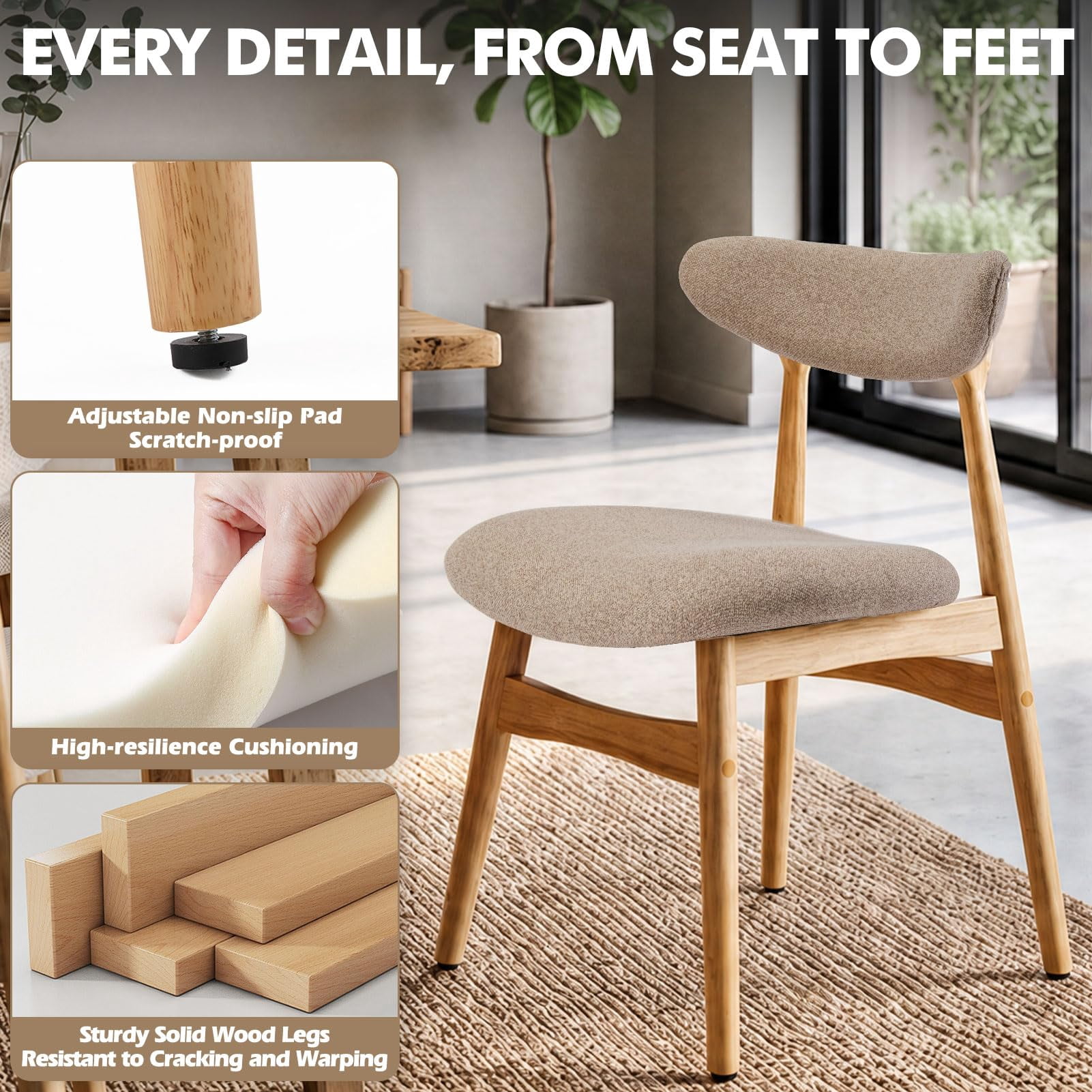 Upholstered Dining Chairs Set of 2, Lumbar-Ergonomic Backrest Chairs with Adjustable Foot Pads