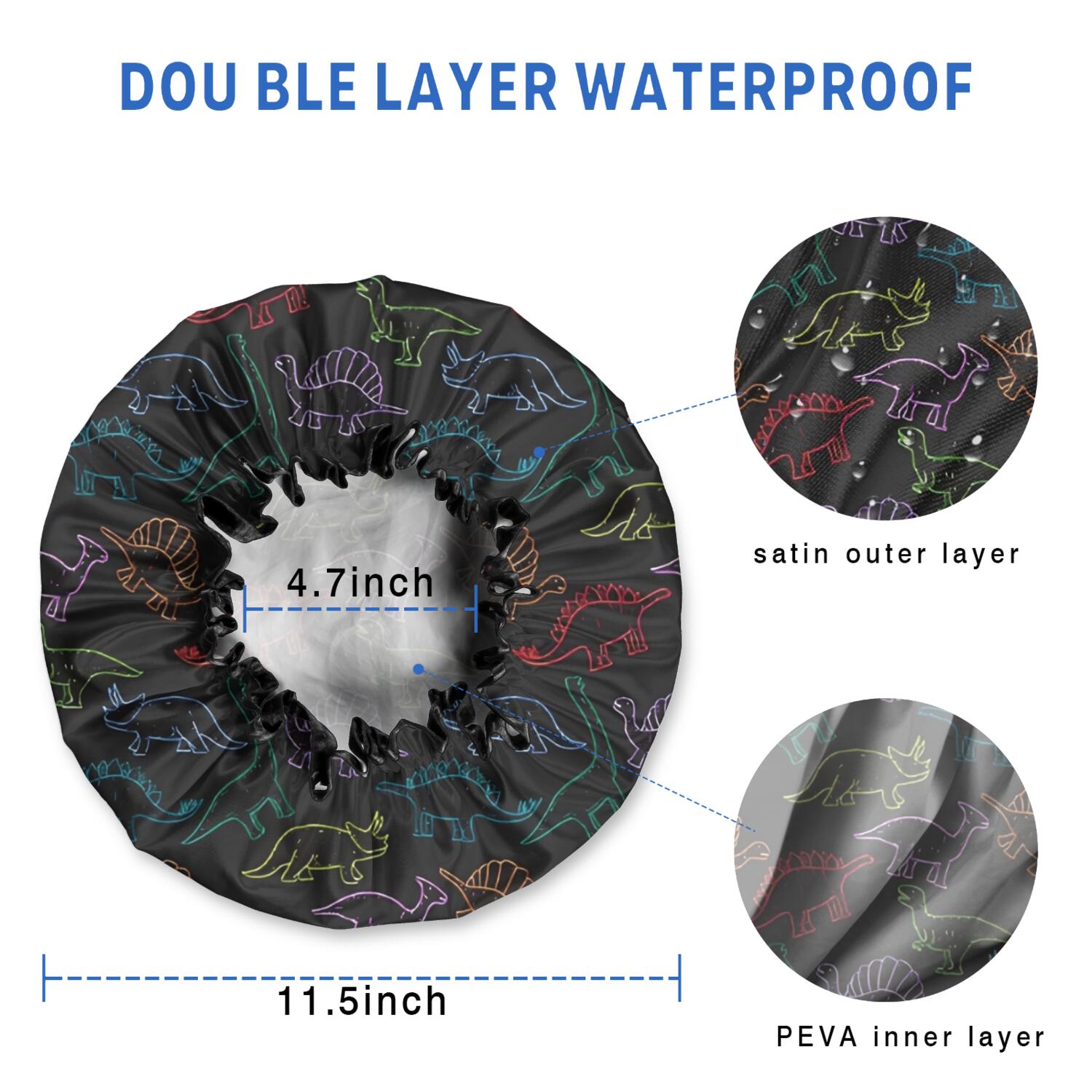 Shower Caps,Black Colorful Dinosaurs Chalk Pattern Waterproof Shower Cap for Women 4 Pieces,Double Reusable Hair Cover for Shower PEVA Elastic Stretch Hem