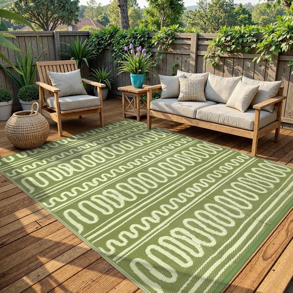 Green Outdoor Rug 8x10, Reversible Plastic Straw Indoor/Outdoor Rug, Portable Outdoor Deck Rug for Patio, Balcony, Backyard, Porch, Camping, Picnic - Green