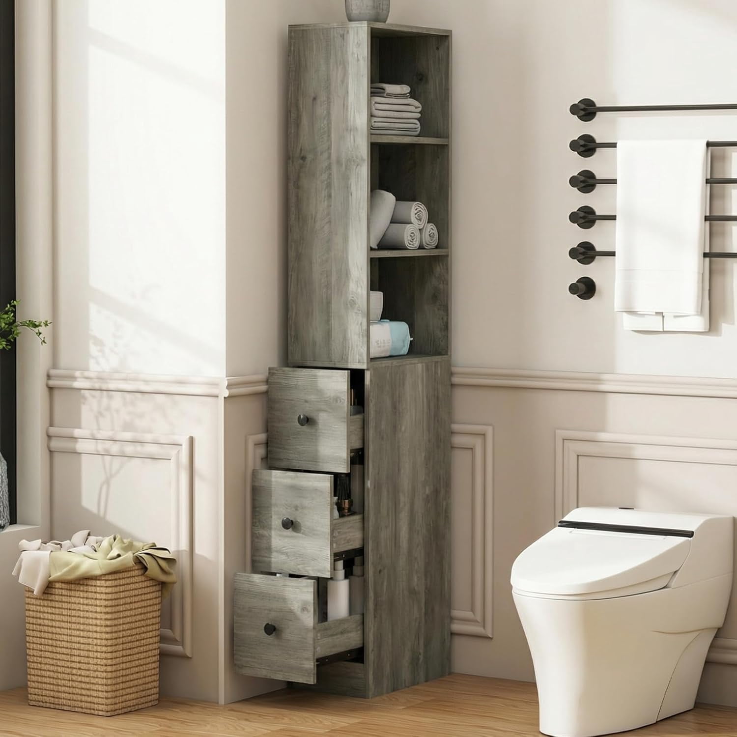 Storage Cabinet Tall Narrow Bathroom Organizer with 3-Level Adjustable Shelves Slim Free Standing Space Saver for Living Room Kitchen, Gray
