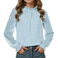 thumbnail image 5 of Wangmeiwg Elegant Girls Flocked Mesh Ruffle Blouse Long Sleeve Shirt With Elastic Stand Collar Tops For Teenage Party Dress 9-10 Years Light Blue, 5 of 5