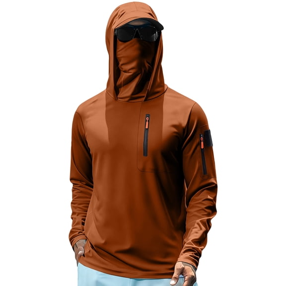 Havenx Men's UPF 50 Sun Protection Shirt Long Sleeve Uv Protection Hoodie with Zip Pockets Quick Dry Hooded Rash Guard with Mask Fishing Casual Summer Lightweight Hiking Clothing,Brown XL