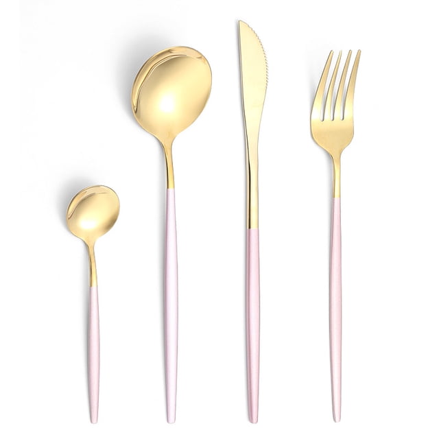 Xiao Hua Juego de cubiertos de acero inoxidable, juego de 4 piezas de cubiertos de cocina con acabado dorado y rosa, cubiertos de tamaño universal, vajilla premium para el uso diario en el hogar.