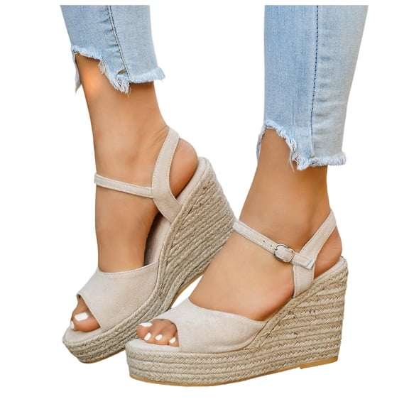 Rokment Platform Wedge Dress Sandals for Women Beach Elegant Casual Suede Peep Toe Espadrilles Chunky High Heels Ankle Strap Dress Summer Shoes Ladies Beige Size 6.5