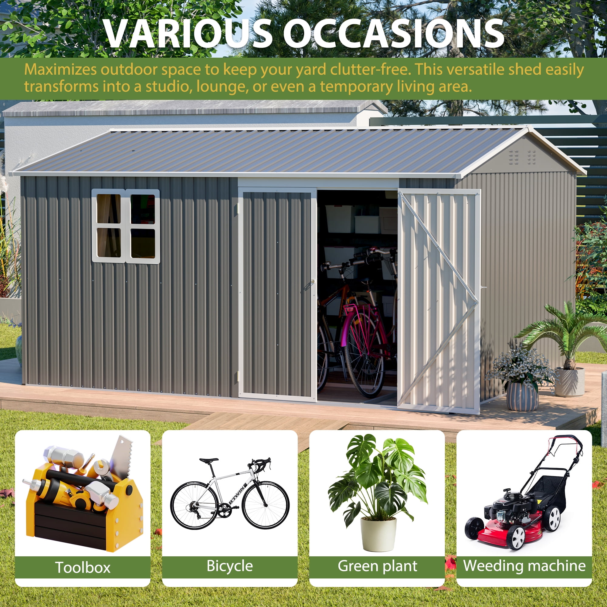 LZBEITEM 12'x10' Outdoor Storage Shed with Floor Frame & Window, Metal Garden Shed Kit, Backyard Shed, Lockable Doors for Backyard Patio Lawn, Gray