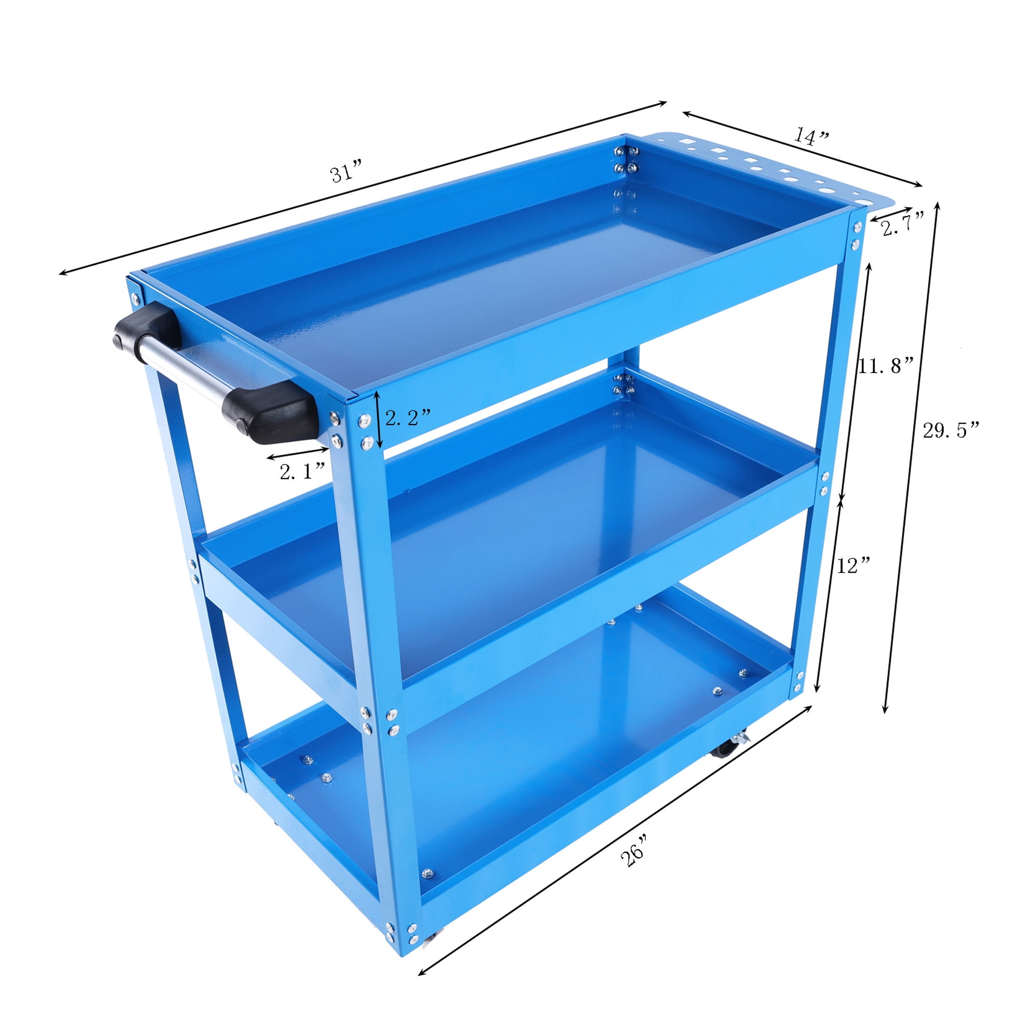 Aukfa 3-Tier Utility Cart with Wheels, Rolling Tool Cart Service Cart for Warehouse, Garage, Blue