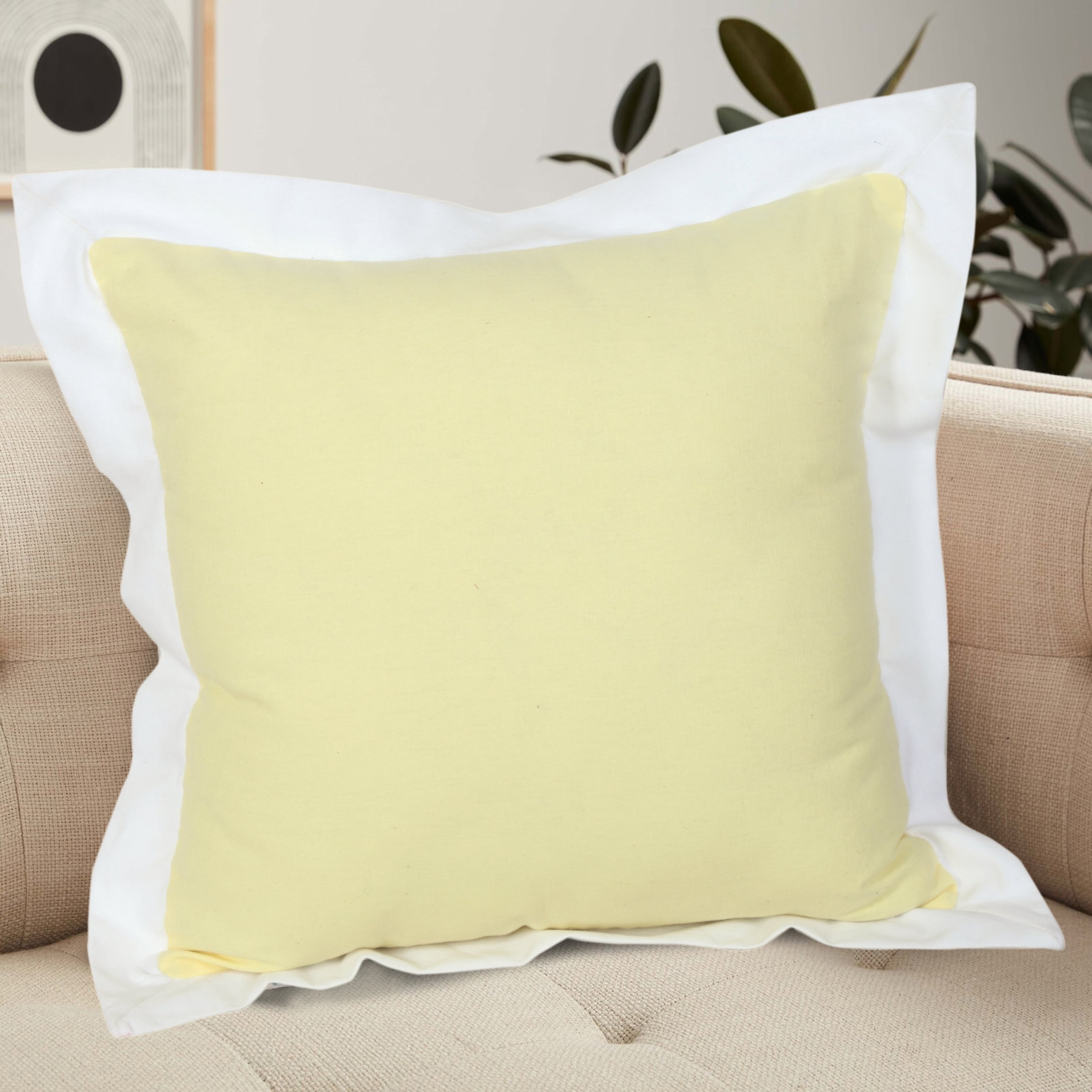 Harlow Hill Finn 20" x 20" Bordered Cotton Adult Decorative Feather Filled Pillow, Yellow/Off White