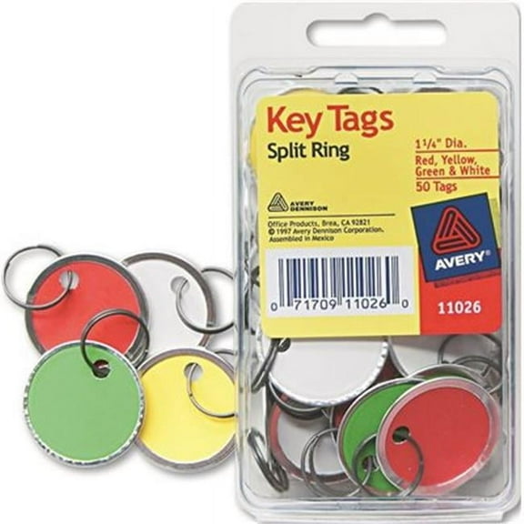 Avery-Dennison 11026 1.25 in. dia. Card Stock Metal Rim Key Tags, Assorted Color - 50 Per Pack