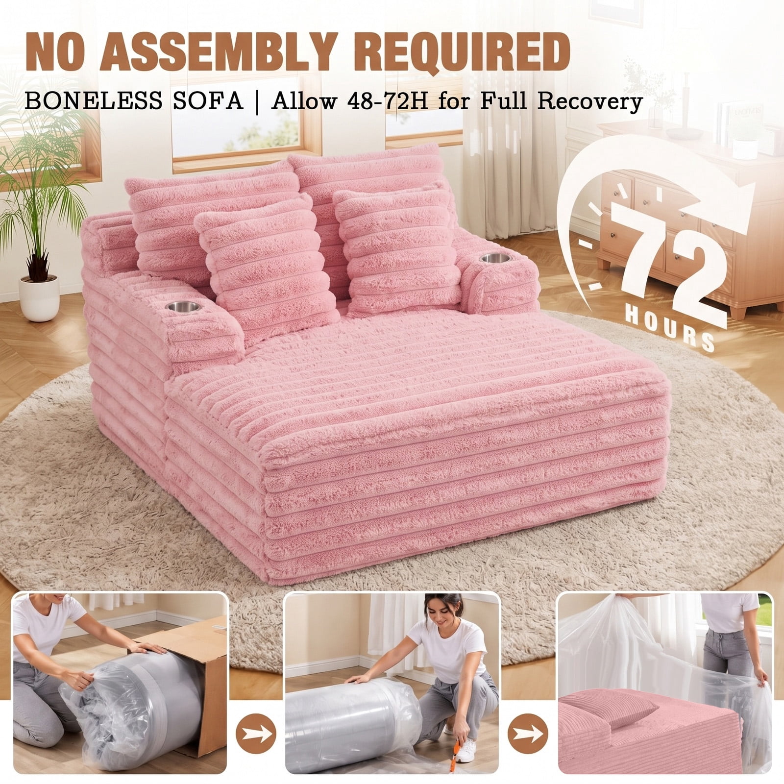 Lunale Oversized Chaise Lounge Chair Indoor Furniture, Boneless Cloud Couch with Cup Holders, Faux Fur Accent Chair for Living Room, Pink
