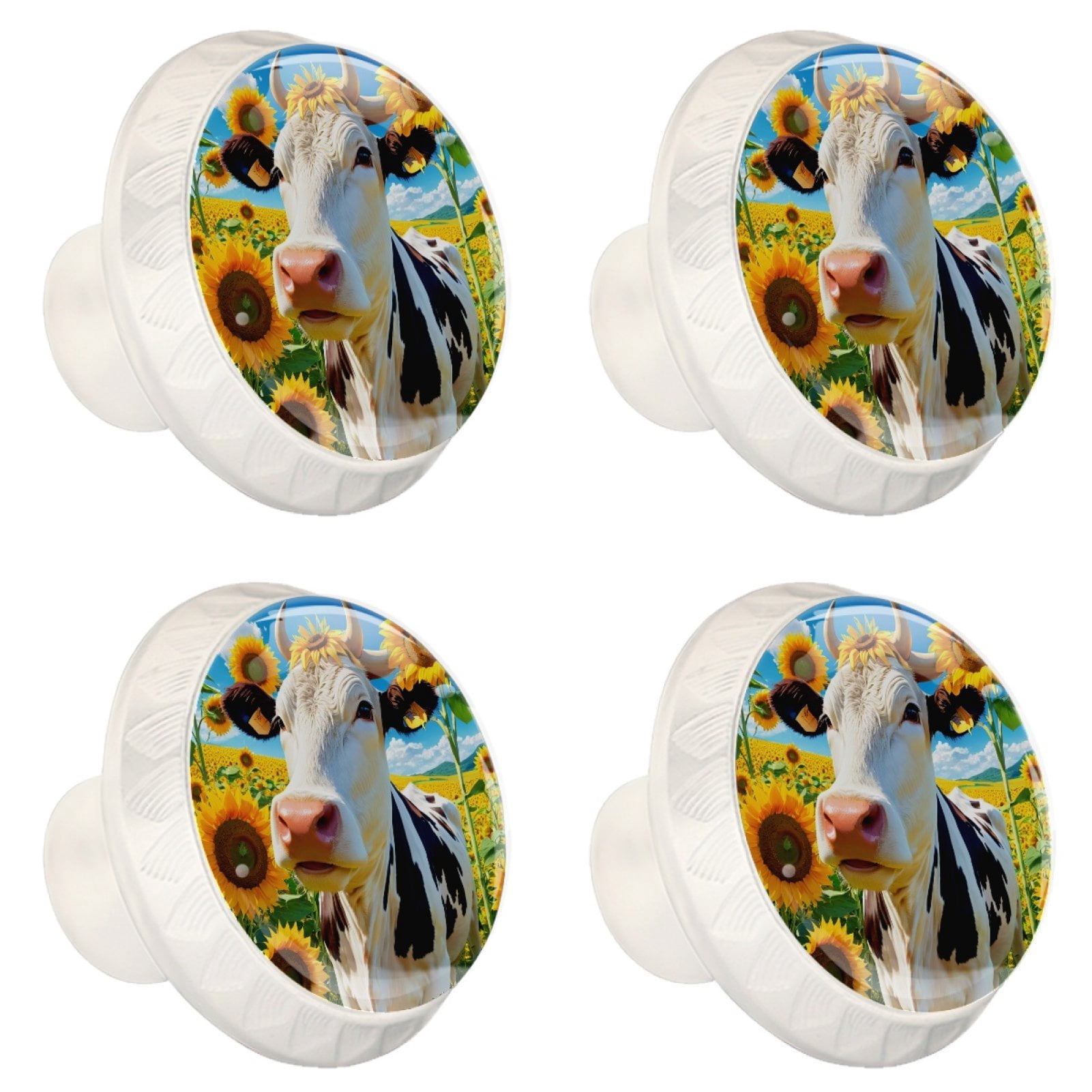 4 Pcs Cow and Sunflower Knobs for Kitchen Cabinet Cupboard Dresser Bookcase Drawer Pulls Handles Round Home Decor