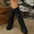 thumbnail image 2 of Rokment Slouchy Buckles Mid Calf Dress Boots for Women Ladies Fall Winter Trendy Round Toe Wedge High Heels Wide Calf Tall Boots Black Size 6.5, 2 of 7