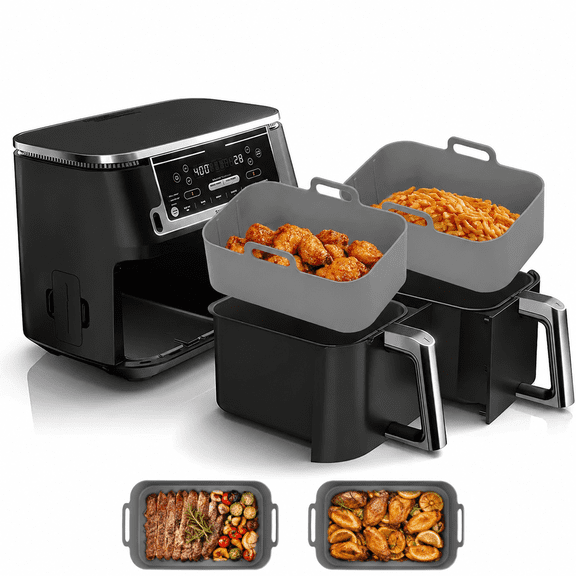 2-Pack 10QT Rectangular Silicone Air Fryer Liners, Reusable Non-Stick Baking Tray & Grill Plate, Dishwasher Safe Air Fryer Accessories, Grey