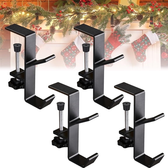 2 in 1 Mantel Hanger for Garland, Adjustable Fireplace Stocking and Garland Hanger, Fireplace Garland Hangers Heavy Duty for Door Frame, Two Hooks Dual Purpose (4PCS)