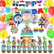 Kopmosar Toy Game Story Birthday Party Supplies Set with Happy Birthday Banner, Balloons,Cake Topper,Toy Story Cupcake Toppers,Stickers,Silicone Bracelets