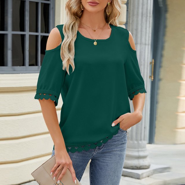 LSLJS Women Printemps et Été Épaules Dénudées Col Rond Dentelle Patchwork Manches 3/4 Ample Tops