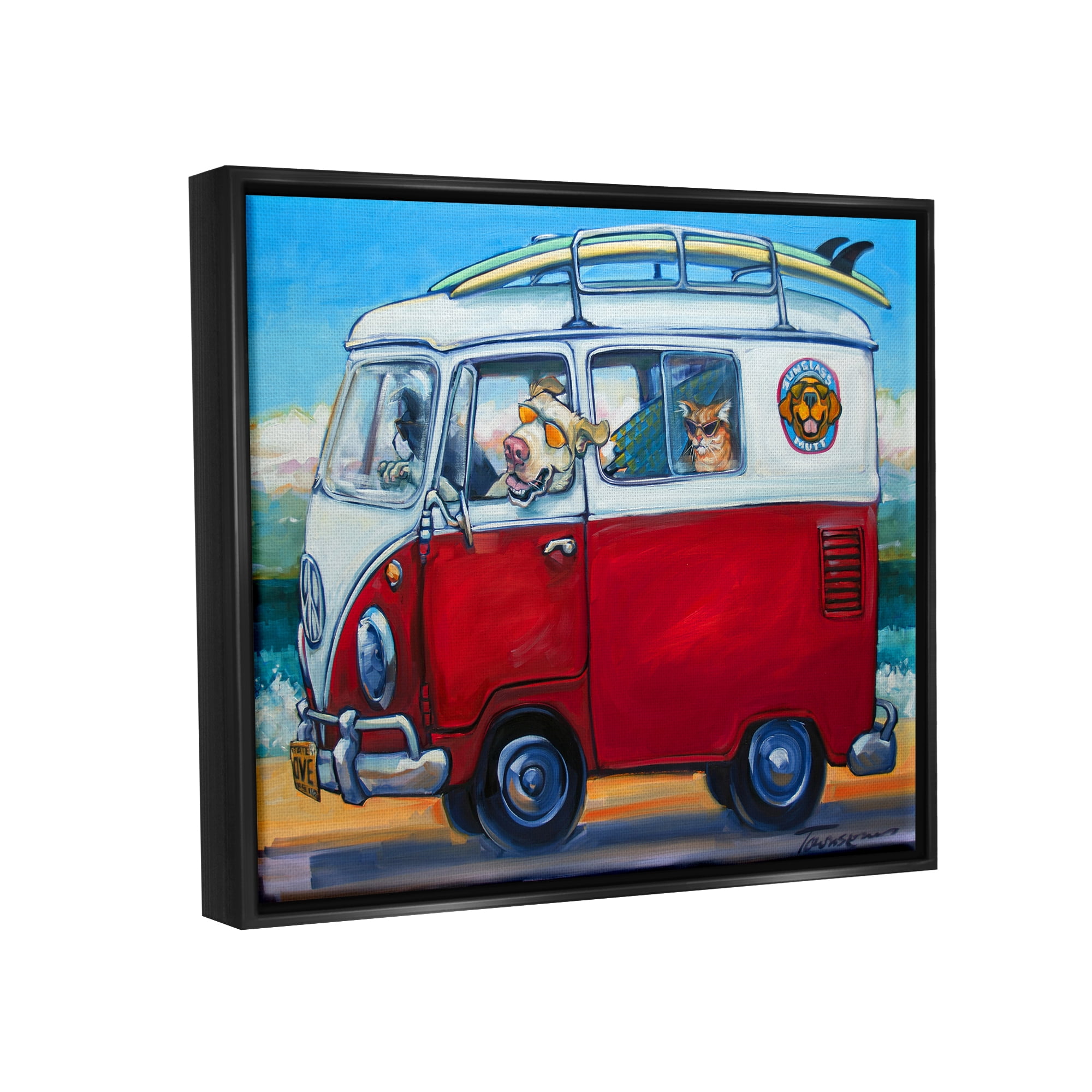 Stupell Industries Pets on Vacation Minibus Animals & Insects Painting Black Floater Framed Art Print Wall Art, 21 x 17