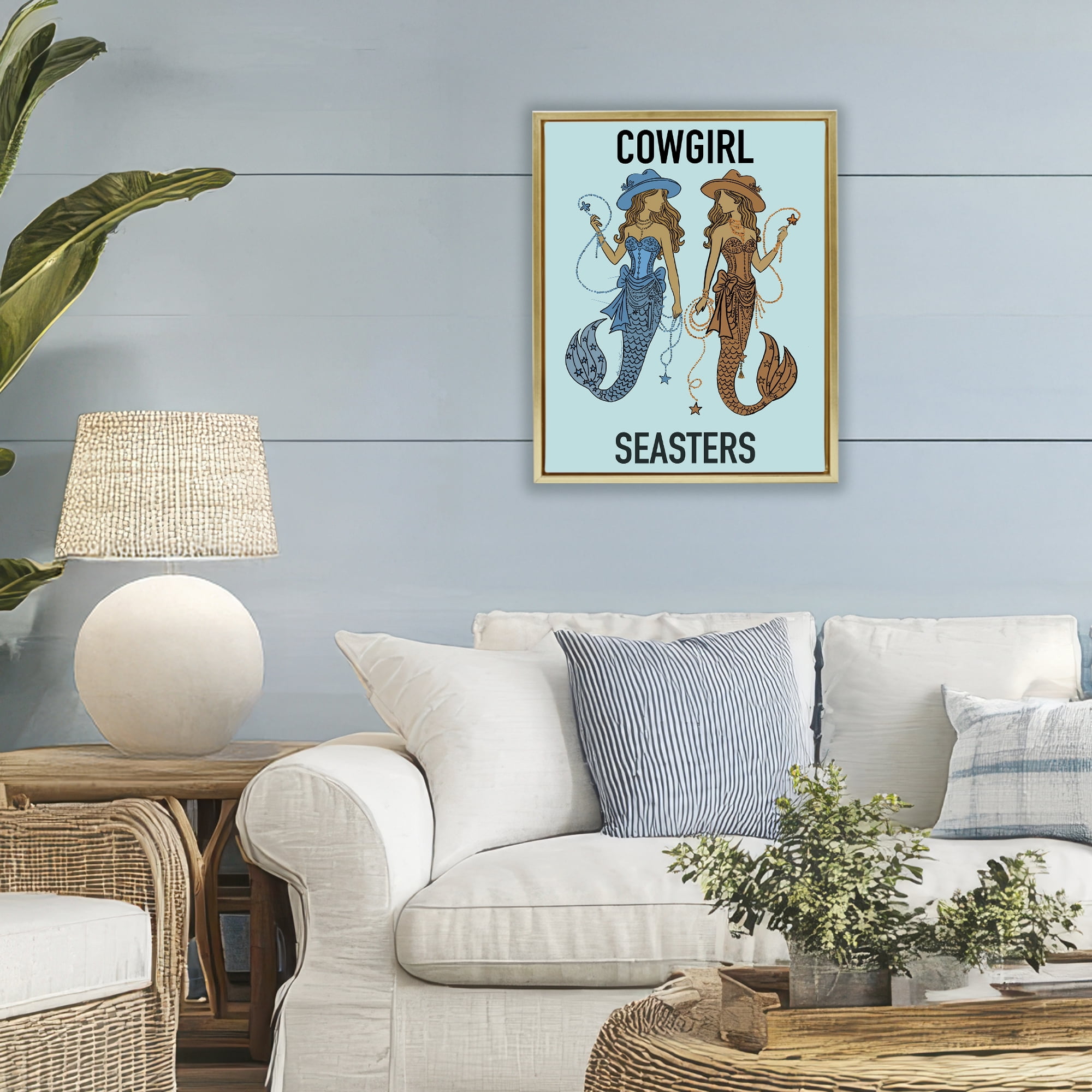 Cowgirl Seasters Mermaid Friendship Gold Framed Floater Canvas Wall Art, design by Amelia Noyes