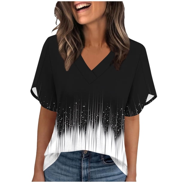TaTaai Women's Romantic Ruffle Top Short Sleeve V-Neck Printed Loose Fit Casual Summer Chic Blouse Daily Work Date Party Gift