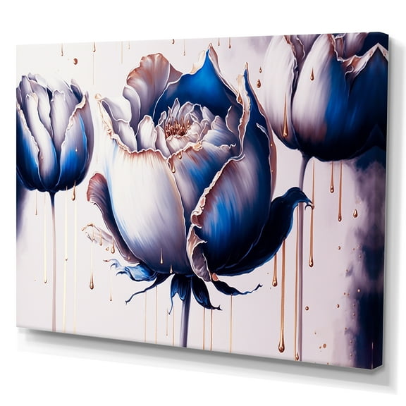 Designart Ice Blue And Gold Paint Drip Tulip II Canvas Wall Art