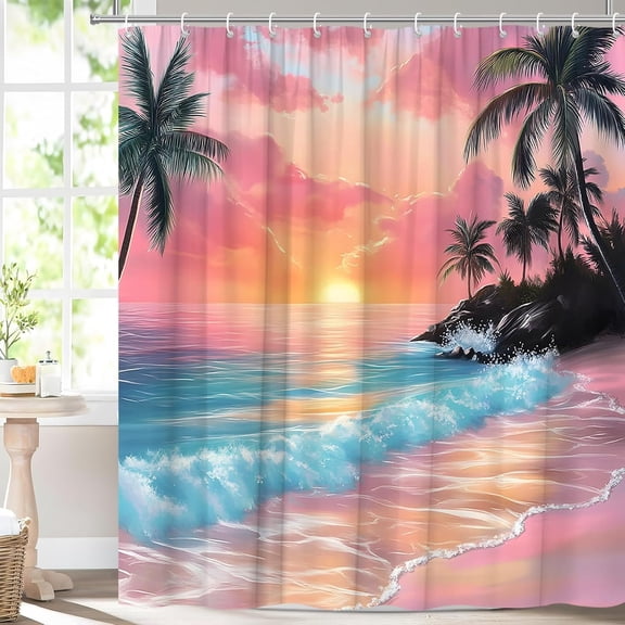 Voguly Tropical Ocean Beach Shower Curtain 72x72 Inch, Hawaii Summer Coastal Pink Orange Blue Watercolor Palm Sunset Sea Waves Nature Seascape Bathroom Decor Polyester with Hooks