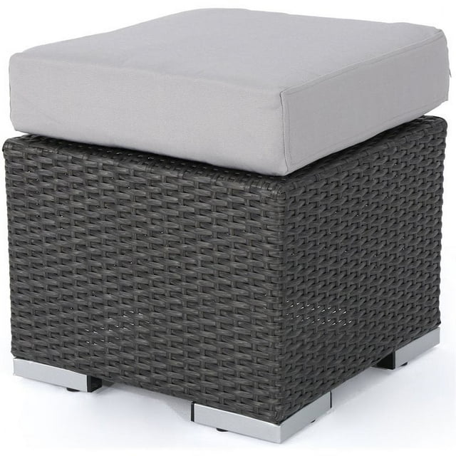 Noble House Santa Rosa 16" Grey Wicker Ottoman Seat with Silver Cushion