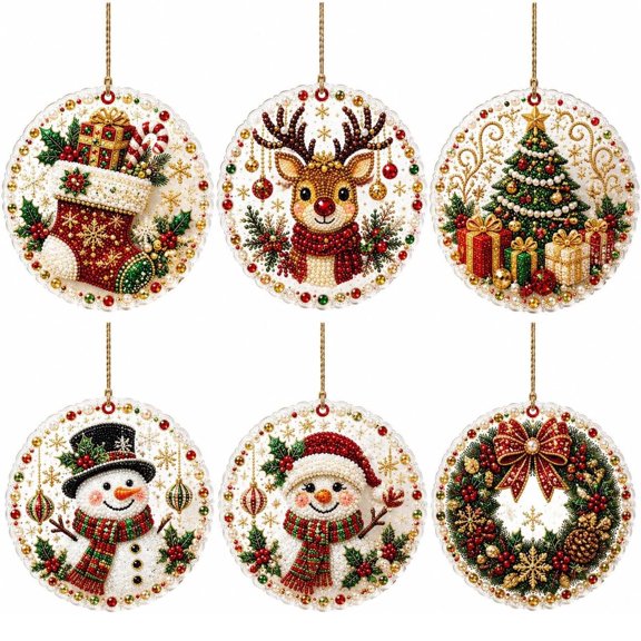3.15" Diamond Art Christmas Wooden Ornaments,Set of 6 DIY Diamond Art Christmas Wooden Ornaments Kit,Special-Shaped Gem & Pearl Hanging Craft Decor with Twine for Holiday Window Christmas Tree Decor