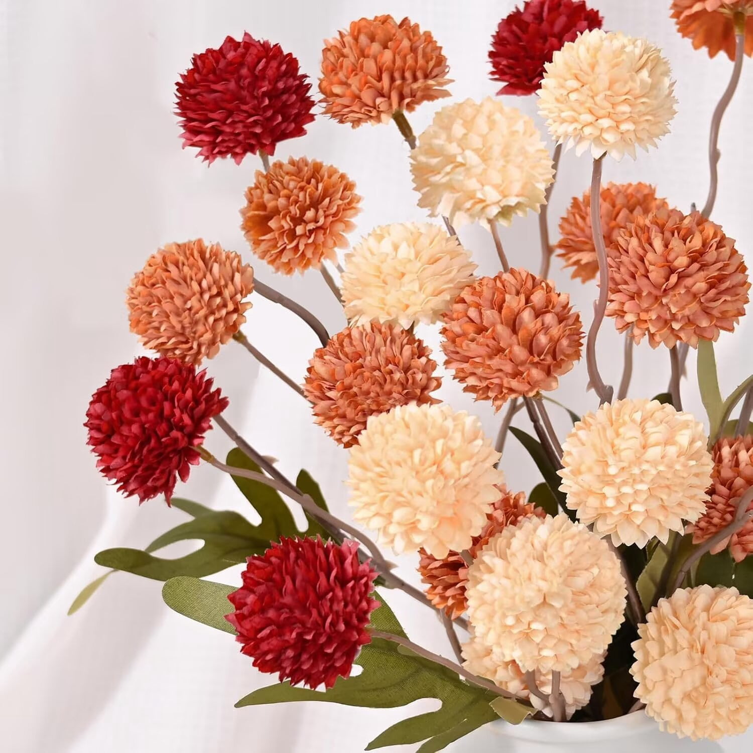 Pakyozj 10pcs Fake Silk Pompon Mum Artificial Flowers, Bulk Faux Mini Chrysanthemums, for Centerpieces Wedding Fillers Champagne Arrangements Boho Decor, No vase