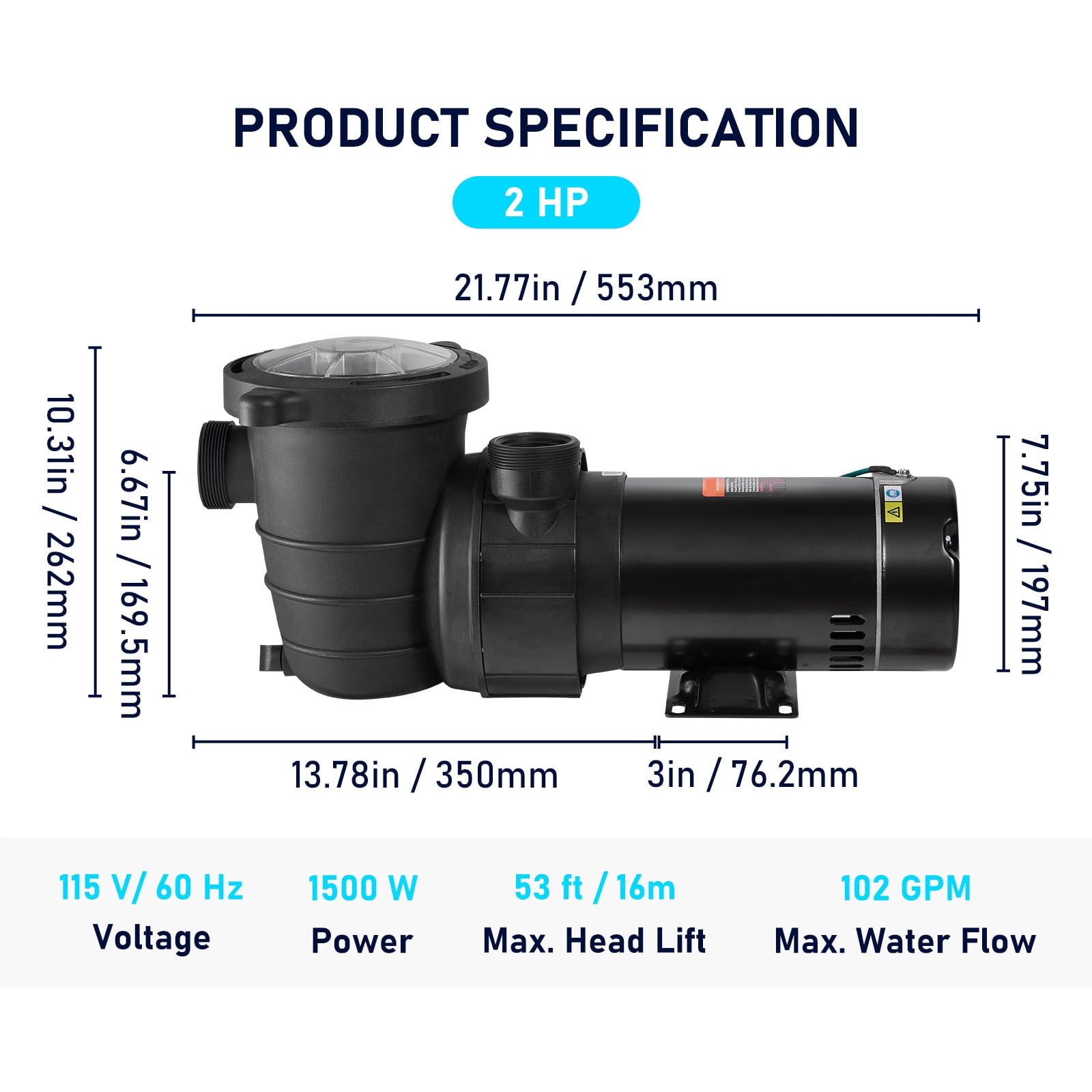BENTISM Swimming Pool Pump, 2HP 115V, 1500W Single Speed Pumps for Above Ground Pool w/ Strainer Basket, 5400GPH Max. Flow, Certification of ETL