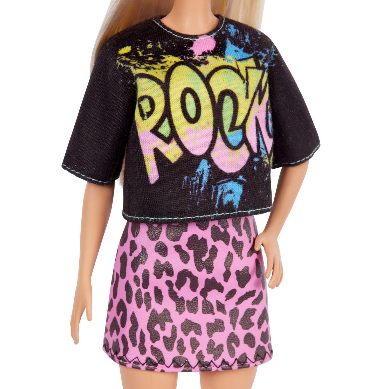 Barbie Fashionistas Doll #155 with Long Blonde Hair Wearing “Rock” Graphic T-Shirt, Animal-Print Skirt, Pink Booties & Earrings